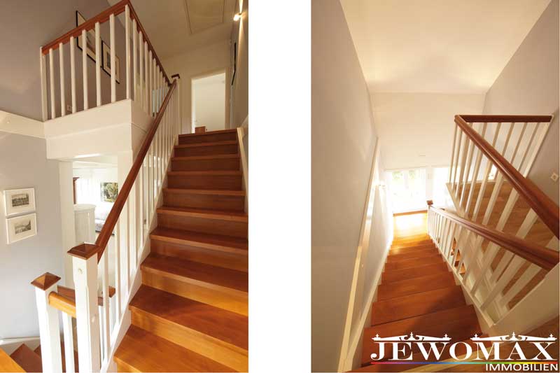 offenes Treppenhaus - Treppe mit Buchenstufen und Weiß abgesetzen Wangen